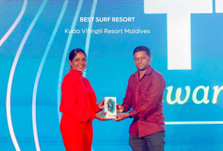 Ali Solih, Director of Sales & Marketing receives the 'Best Surf Resort'
for Kuda Villingili Resort Maldives at TTM Awards 2023.